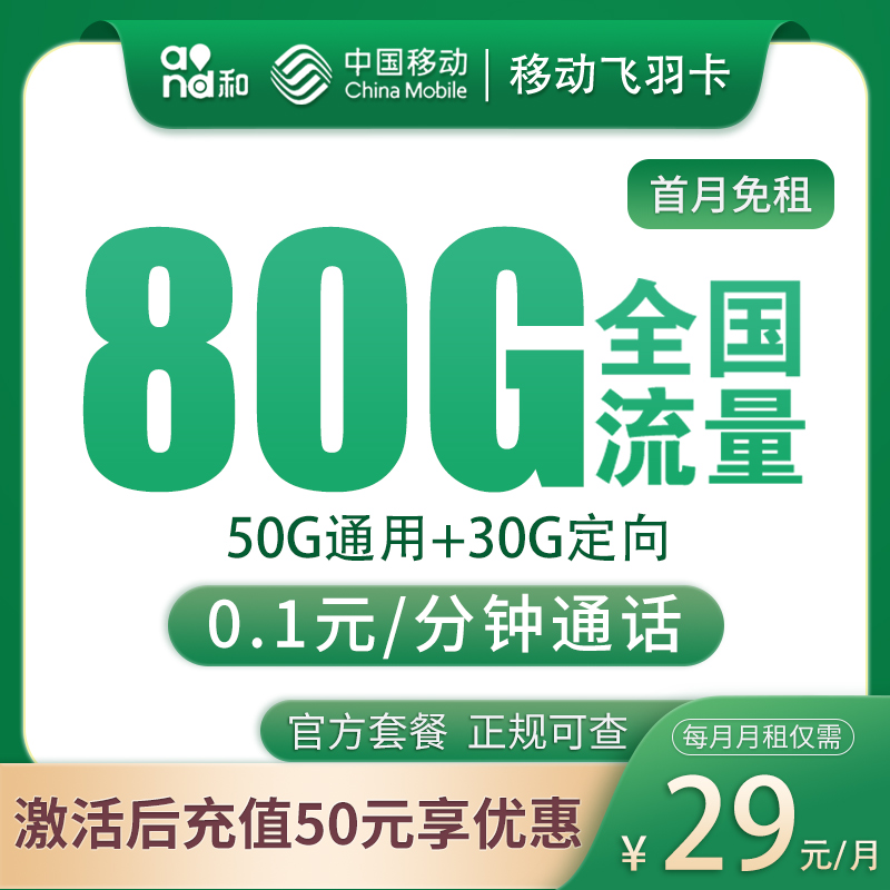 移动飞羽卡29元80G