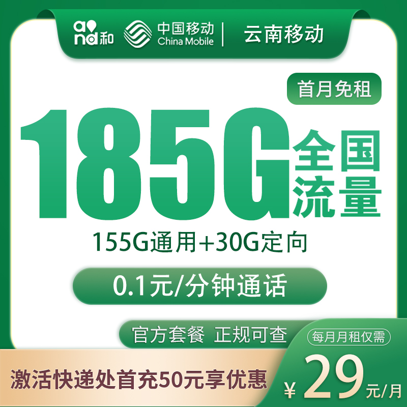 云南移动29元185G【只发云南】：云南移动29元185G【只发云南】+0.19元/分钟通话