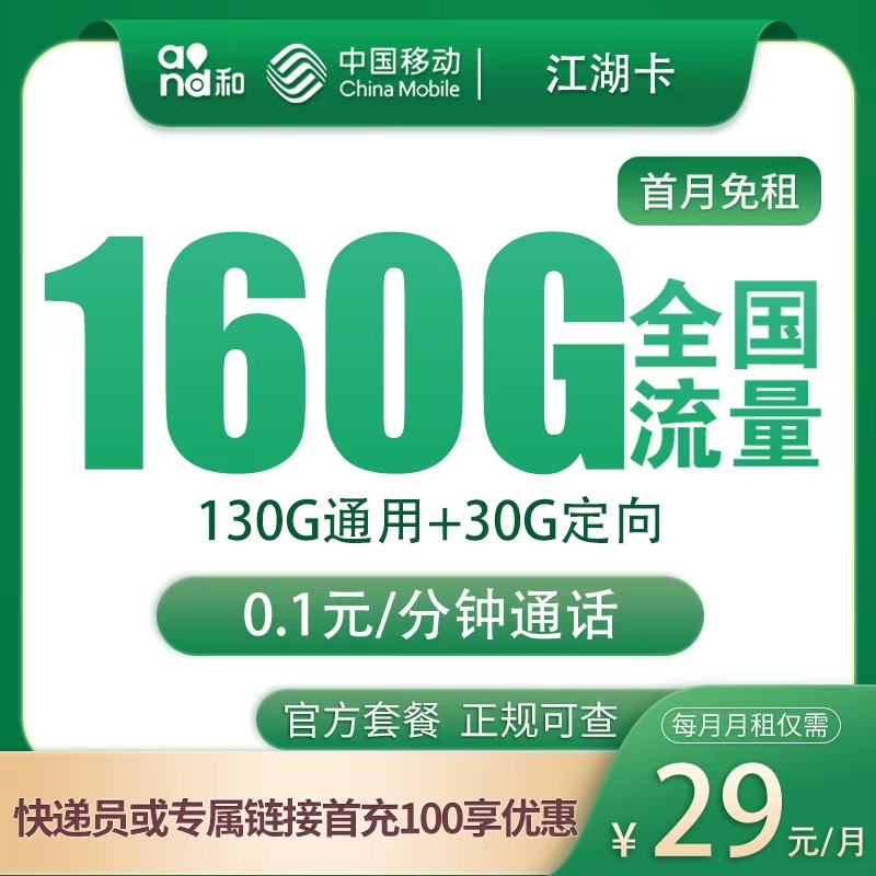 移动江湖卡:29元160G【只发江苏】+0.19元/分钟通话