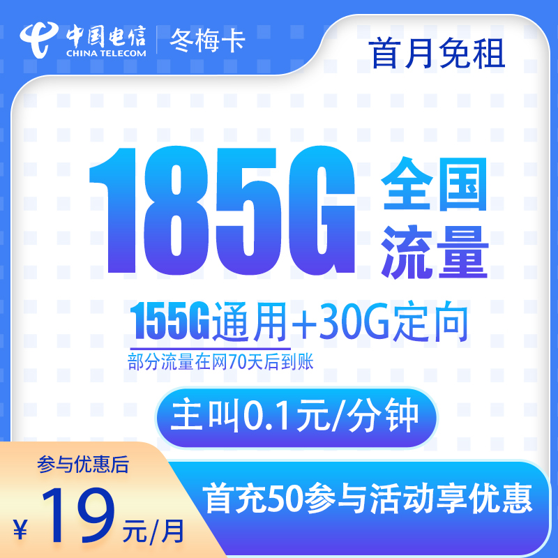 电信冬梅卡19元185G|两年长期大流量套餐
