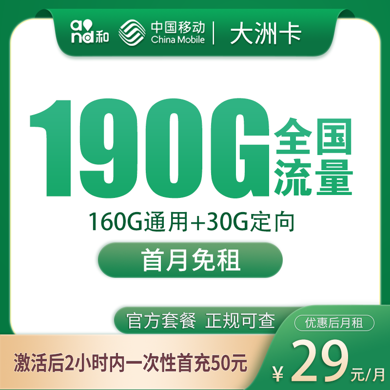 移动大洲卡：29元190G【只发广东】+0.19元/分钟通话