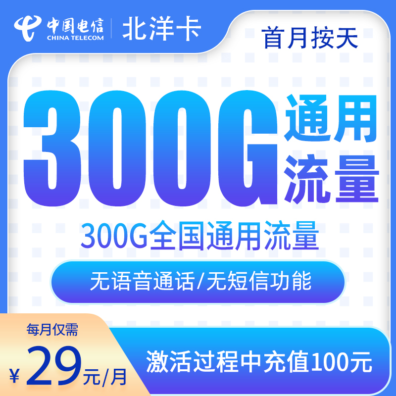 电信北洋卡：29元300G【只发河北】+0.1元/分钟通话