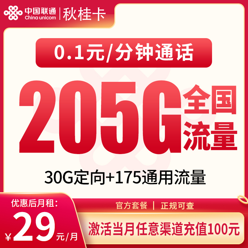联通秋桂卡：29元205G【发全国】+0.15元/分钟通话