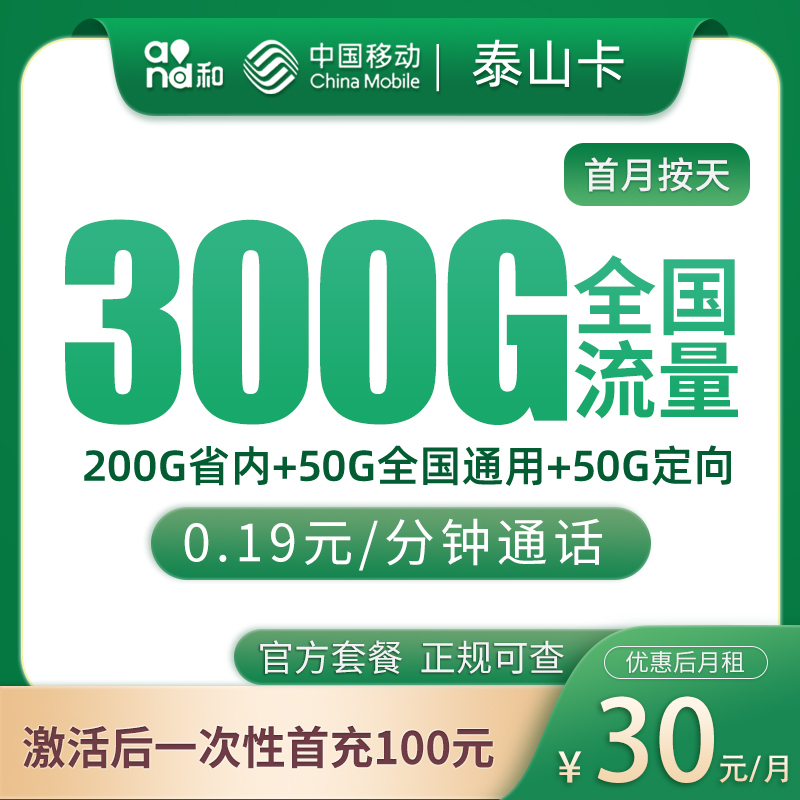 移动泰山卡30元300G【只发山东】